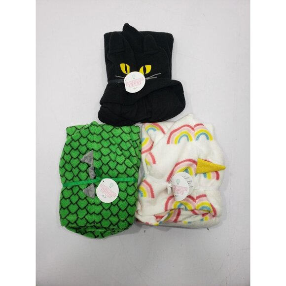 Lot of 3 Kids Hooded Blanket Unicorn Black Cat Green Dinosaur 1 Size 23"x21" NEW - Picture 1 of 5
